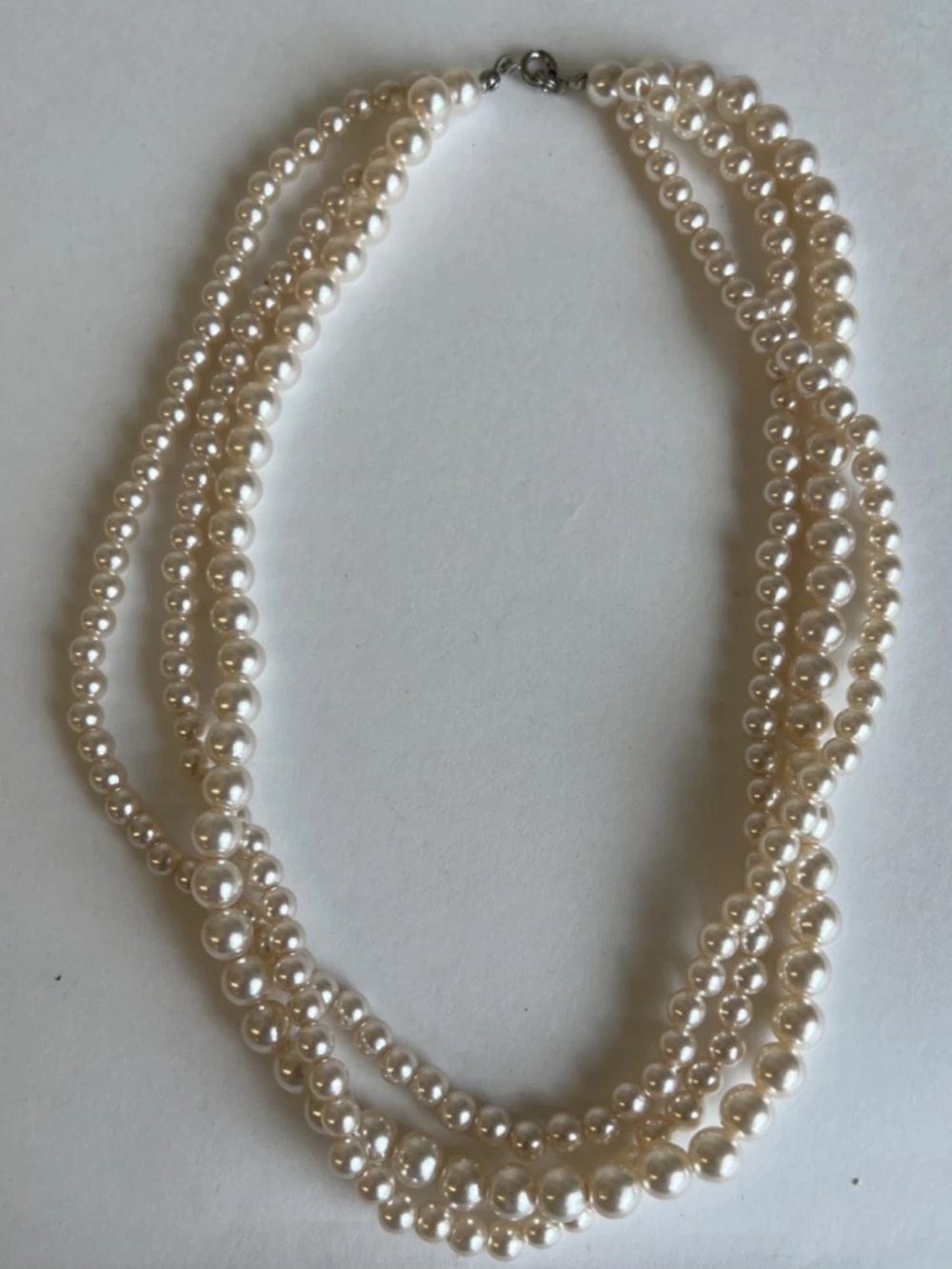 Vintage Faux Pearl Necklace – 3-Strand Layered Choker Collar Beaded